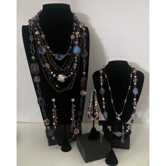Mixed Fashion Jewelry Lot Purple Pink Hues 7 pc Necklaces Earrings Bracelet EUC - Picture 2 of 16
